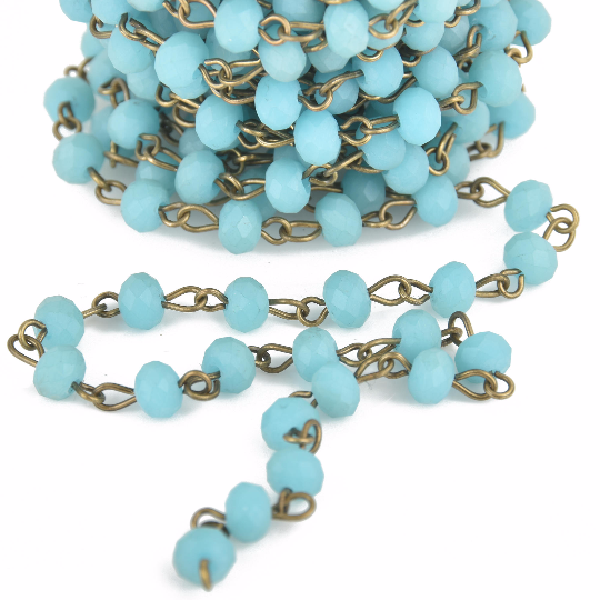 13 feet (4.33 yards) Matte TURQUOISE BLUE Crystal Rondelle Rosary Chain, bronze, 6mm faceted frosted rondelle glass beads, fch0671b