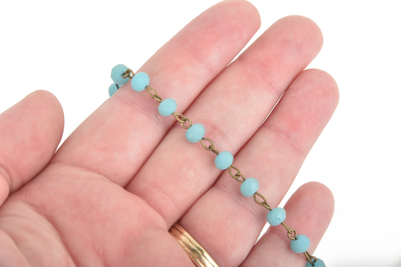 1 yard Matte TURQUOISE BLUE Crystal Rondelle Rosary Chain, bronze, 6mm faceted frosted rondelle glass beads, fch0671a