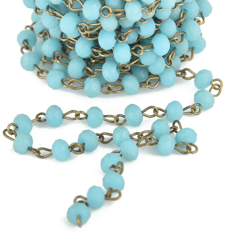 1 yard Matte TURQUOISE BLUE Crystal Rondelle Rosary Chain, bronze, 6mm faceted frosted rondelle glass beads, fch0671a