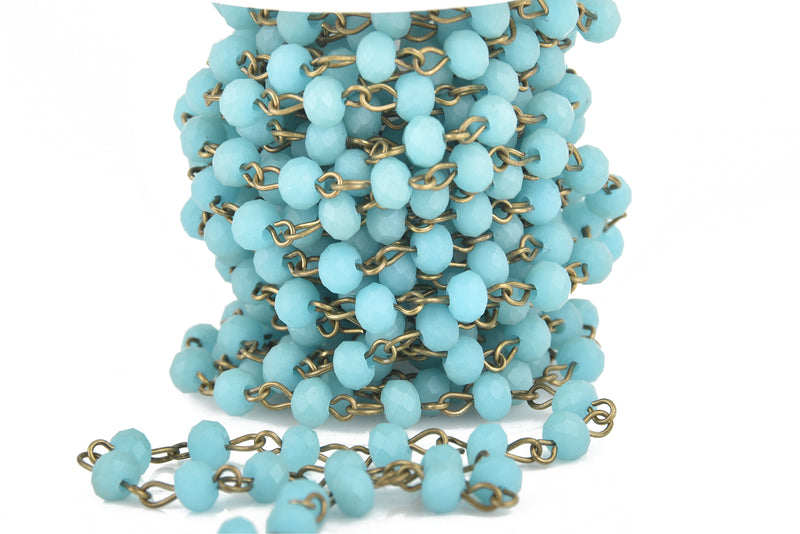 1 yard Matte TURQUOISE BLUE Crystal Rondelle Rosary Chain, bronze, 6mm faceted frosted rondelle glass beads, fch0671a