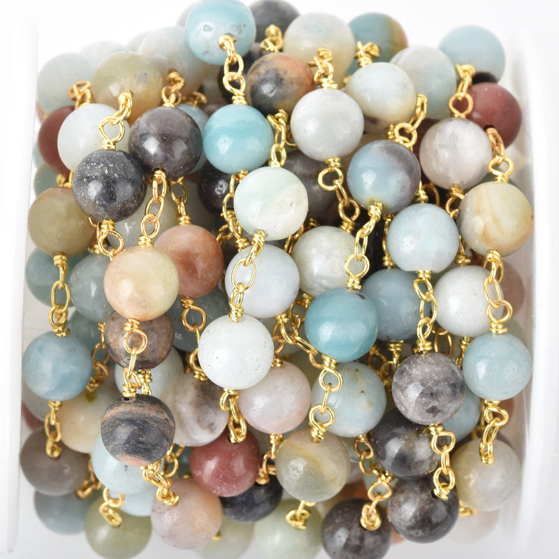13 feet AMAZONITE GEMSTONE Rosary Chain, bright gold, 8mm round gemstone beads, fch0673b