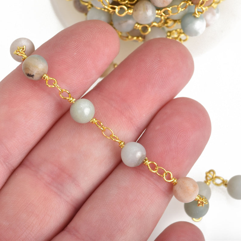 1 yard AMAZONITE GEMSTONE Rosary Chain, bright gold, 6mm round gemstone beads, fch0675a