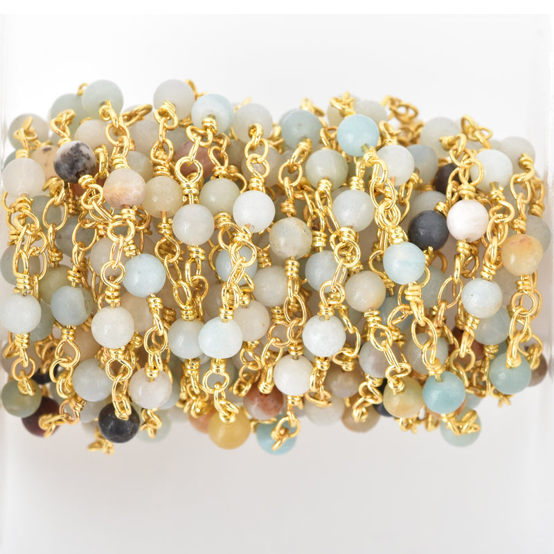 13 feet AMAZONITE GEMSTONE Rosary Chain, bright gold, 4mm round gemstone beads, fch0676b