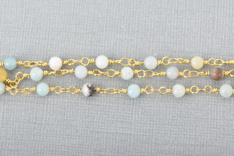 1 yard AMAZONITE GEMSTONE Rosary Chain, bright gold, 4mm round gemstone beads, fch0676a