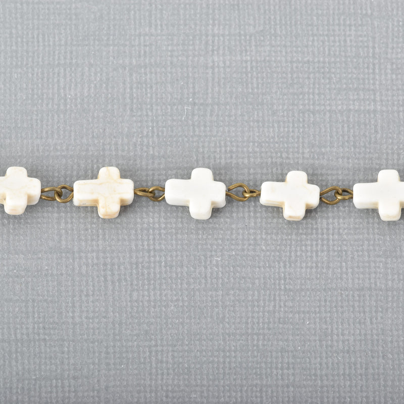 1 yard spool WHITE HOWLITE CROSS Bead Rosary Chain, gemstone chain, bronze links, 10x8mm cross gemstone beads, fch0677a