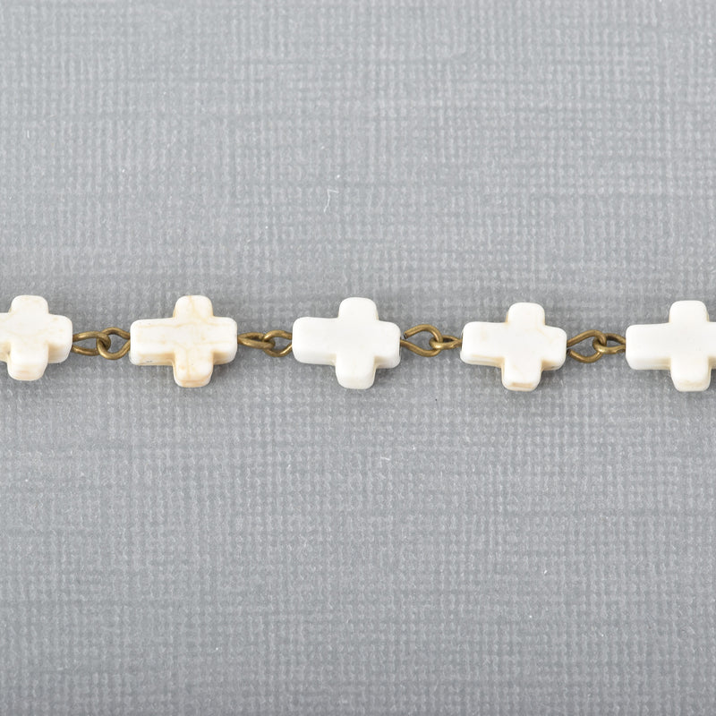 10 feet spool WHITE HOWLITE CROSS Bead Rosary Chain, gemstone chain, bronze links, 10x8mm cross gemstone beads, fch0677c