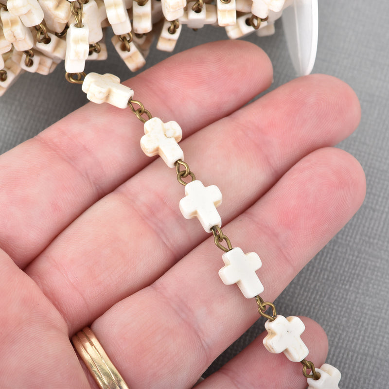 10 feet spool WHITE HOWLITE CROSS Bead Rosary Chain, gemstone chain, bronze links, 10x8mm cross gemstone beads, fch0677c