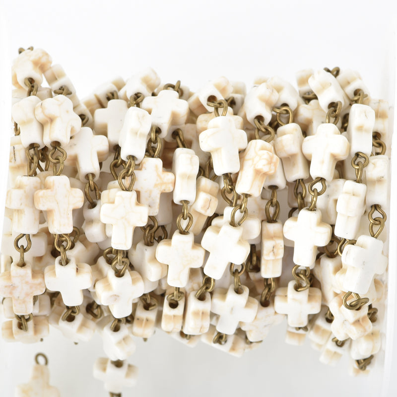 1 yard spool WHITE HOWLITE CROSS Bead Rosary Chain, gemstone chain, bronze links, 10x8mm cross gemstone beads, fch0677a