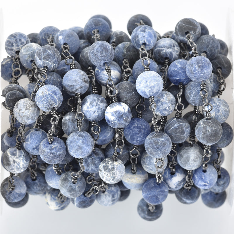 1 yard (3 feet) Matte SODALITE GEMSTONE Rosary Chain, gunmetal, denim blue white natural sodalite, 8mm round gemstone beads, fch0678a