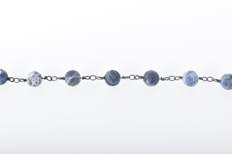 13 feet (4 meters) Matte SODALITE GEMSTONE Rosary Chain, gunmetal, denim blue white natural sodalite, 8mm round gemstone beads, fch0678b