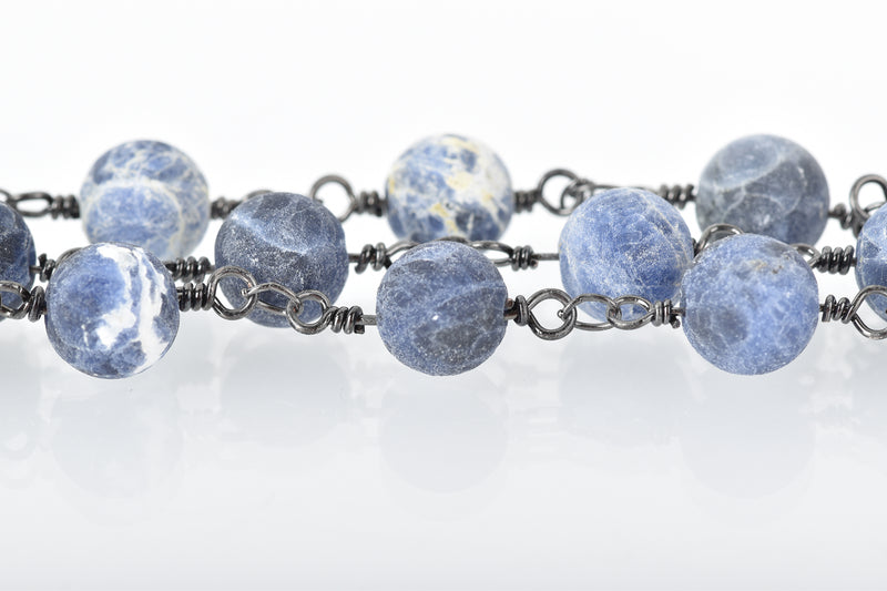 13 feet (4 meters) Matte SODALITE GEMSTONE Rosary Chain, gunmetal, denim blue white natural sodalite, 8mm round gemstone beads, fch0678b