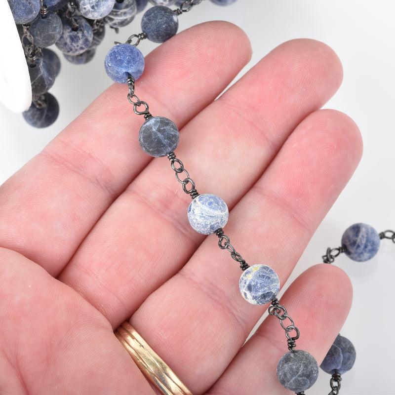 13 feet (4 meters) Matte SODALITE GEMSTONE Rosary Chain, gunmetal, denim blue white natural sodalite, 8mm round gemstone beads, fch0678b