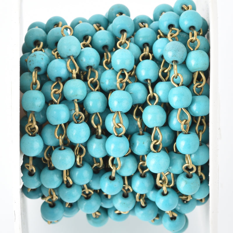 1 yard TURQUOISE BLUE Howlite Rosary Chain, Howlite Bead Chain, bronze, 6mm round stone beads, bulk on spool, fch0679a