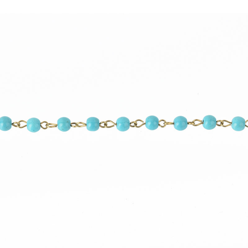 1 yard TURQUOISE BLUE Howlite Rosary Chain, Howlite Bead Chain, bronze, 6mm round stone beads, bulk on spool, fch0679a