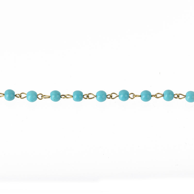 1 yard TURQUOISE BLUE Howlite Rosary Chain, Howlite Bead Chain, bronze, 6mm round stone beads, bulk on spool, fch0679a