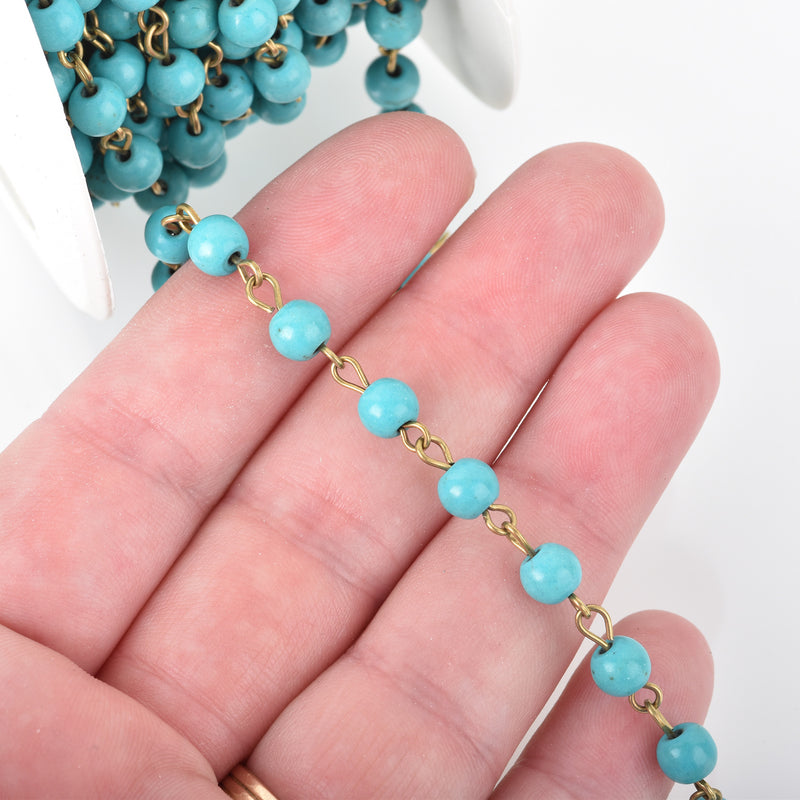 1 yard TURQUOISE BLUE Howlite Rosary Chain, Howlite Bead Chain, bronze, 6mm round stone beads, bulk on spool, fch0679a