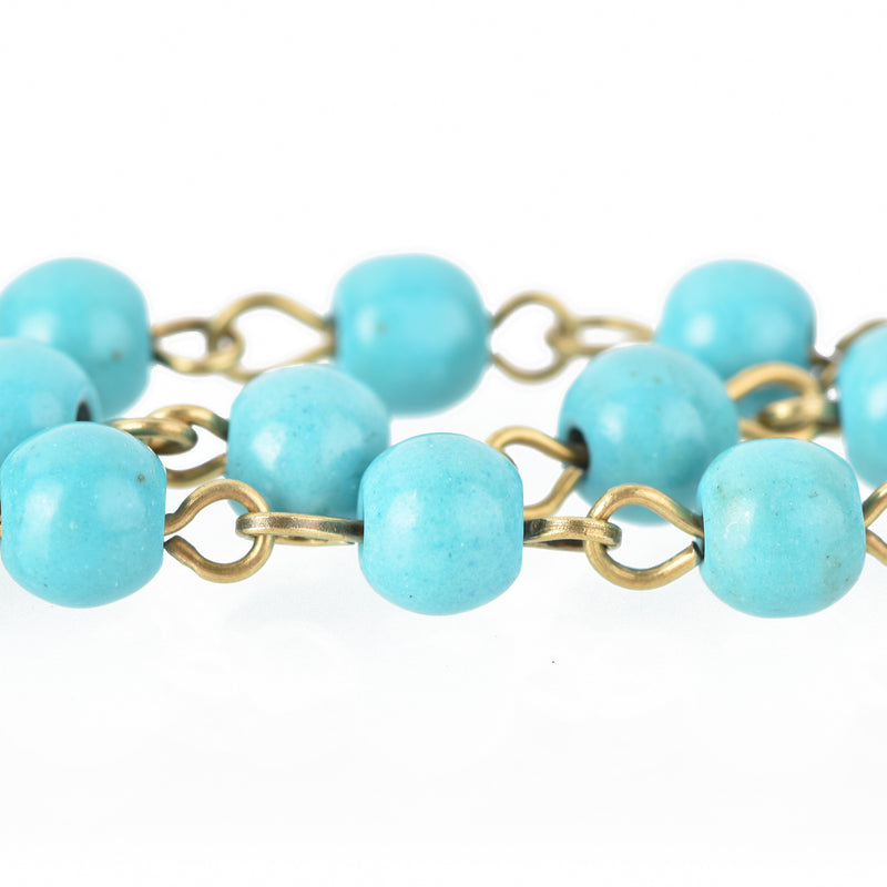 1 yard TURQUOISE BLUE Howlite Rosary Chain, Howlite Bead Chain, bronze, 6mm round stone beads, bulk on spool, fch0679a