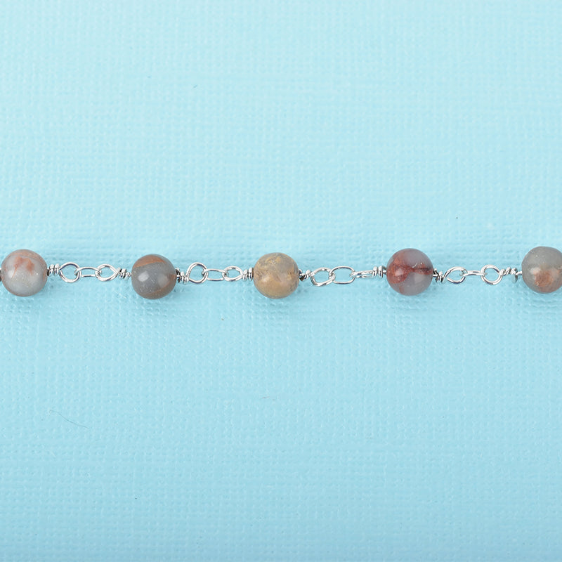 13 ft AQUA TERRA JASPER Gemstone Rosary Chain, double wrap silver links, 6mm round natural gemstone beads, fch0680b
