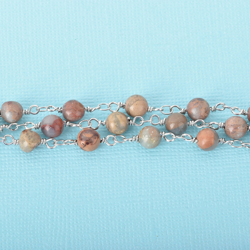 13 ft AQUA TERRA JASPER Gemstone Rosary Chain, double wrap silver links, 6mm round natural gemstone beads, fch0680b