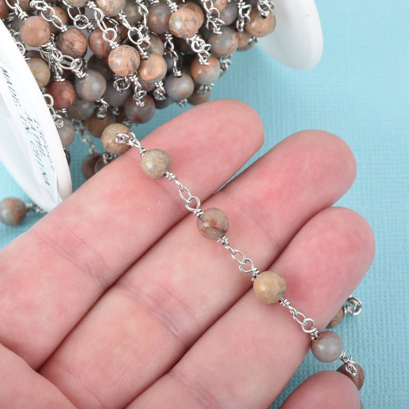 3 feet (1 yard) AQUA TERRA JASPER Gemstone Rosary Chain, double wrap silver links, 6mm round natural gemstone beads, fch0680a
