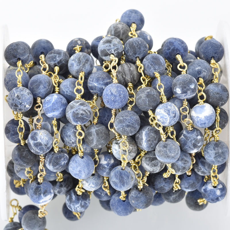 13 feet (4.33 yards) Matte SODALITE GEMSTONE Rosary Chain, bright gold, denim blue white natural sodalite, 8mm round gemstone beads fch0681b