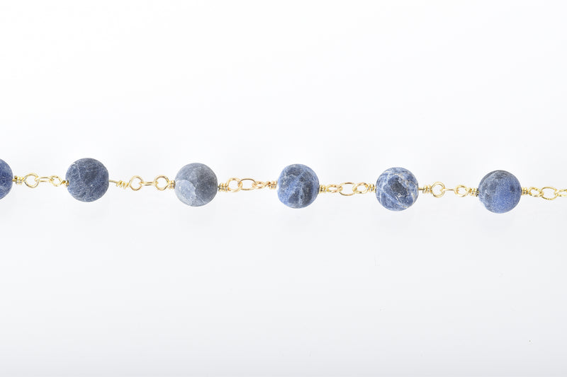 1 yard (3 feet) Matte SODALITE GEMSTONE Rosary Chain, bright gold, denim blue white natural sodalite, 8mm round gemstone beads fch0681a