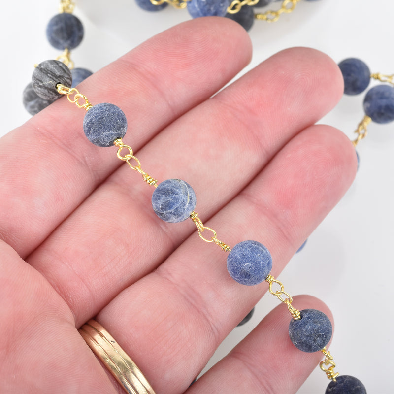 13 feet (4.33 yards) Matte SODALITE GEMSTONE Rosary Chain, bright gold, denim blue white natural sodalite, 8mm round gemstone beads fch0681b