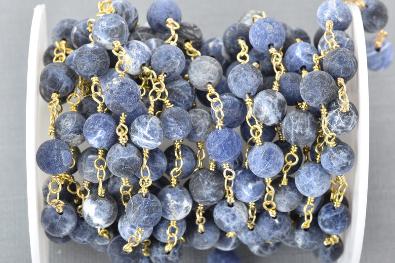 13 feet (4.33 yards) Matte SODALITE GEMSTONE Rosary Chain, bright gold, denim blue white natural sodalite, 8mm round gemstone beads fch0681b