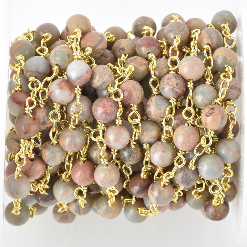 1 yard AQUA TERRA JASPER Gemstone Rosary Chain, double wrap bright gold links, 6mm round natural gemstone beads, fch0682a