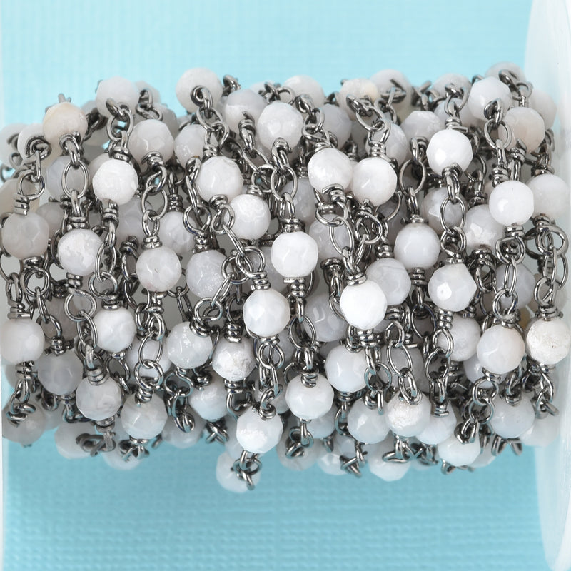 13 feet (4.33 yards) WHITE LACE AGATE Gemstone Rosary Chain, gunmetal black links, double wrapped 4mm round gemstone beads, fch0684b