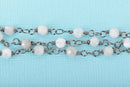 13 feet (4.33 yards) WHITE LACE AGATE Gemstone Rosary Chain, gunmetal black links, double wrapped 4mm round gemstone beads, fch0684b