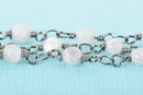 13 feet (4.33 yards) WHITE LACE AGATE Gemstone Rosary Chain, gunmetal black links, double wrapped 4mm round gemstone beads, fch0684b