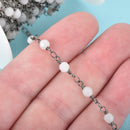 1 yard WHITE LACE AGATE Gemstone Rosary Chain, gunmetal black links, double wrapped 4mm round gemstone beads, fch0684a