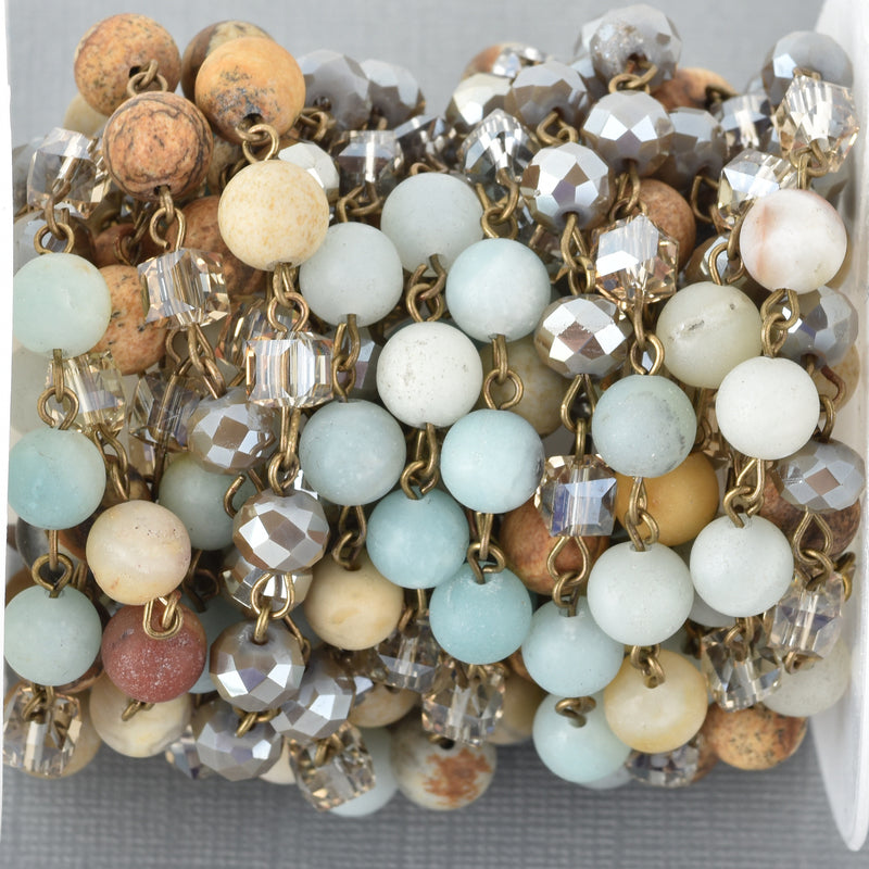1 yard Matte Gemstone Crystal Rosary Chain, Picture Jasper, Amazonite, Crystal, bronze, 8mm round, cube and rondelle beads fch0685a