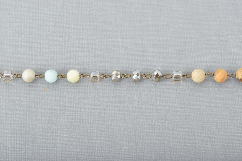 13 feet Gemstone Crystal Rosary Chain, Picture Jasper, Amazonite, Crystal, bronze, 8mm round, cube and rondelle beads fch0685b