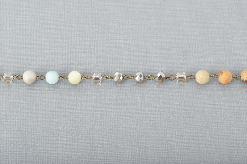 3 feet (1 yard) Gemstone Crystal Rosary Chain, Picture Jasper, Amazonite, Crystal, bronze, 6mm round, cube and rondelle beads fch0691a