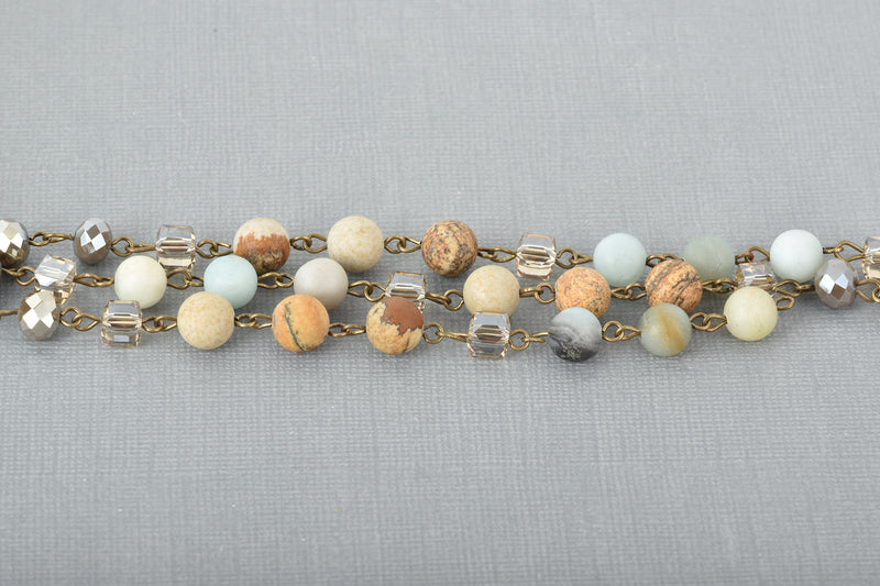 13 feet Gemstone Crystal Rosary Chain, Picture Jasper, Amazonite, Crystal, bronze, 8mm round, cube and rondelle beads fch0685b