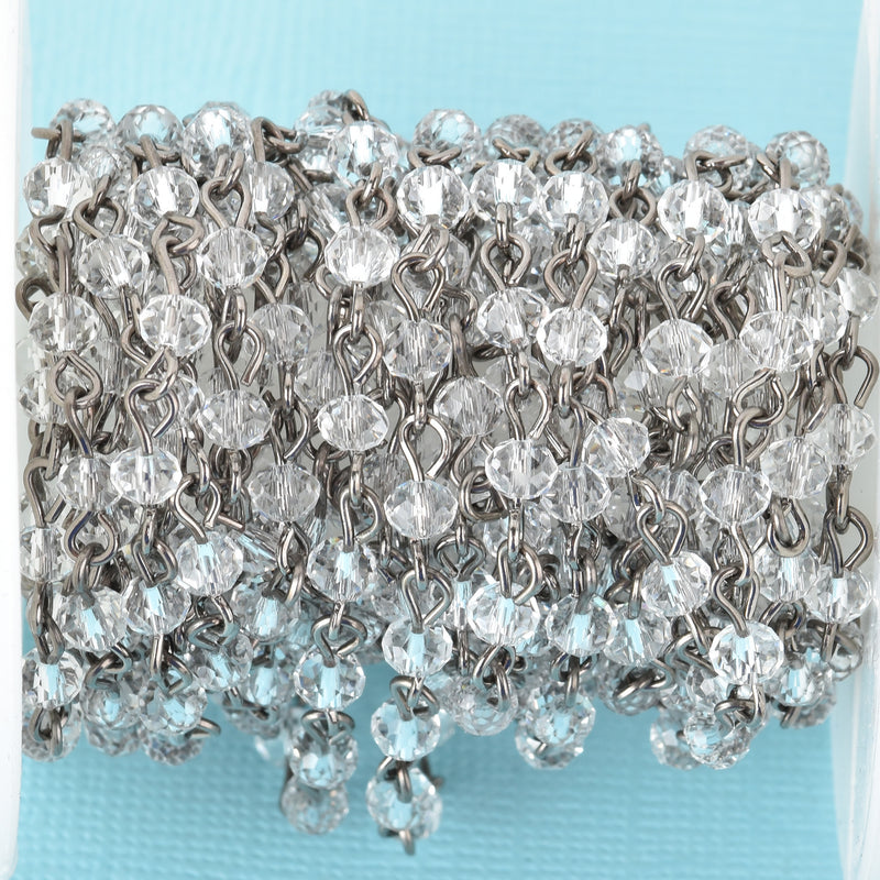 13 feet (4.33 yards) CLEAR Crystal Rosary Chain, gunmetal links, 4mm rondelle faceted crystal beads, fch0686b