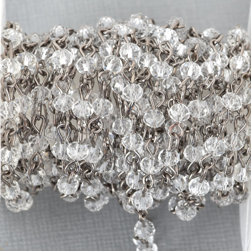 13 feet (4.33 yards) CLEAR Crystal Rosary Chain, gunmetal links, 4mm rondelle faceted crystal beads, fch0686b