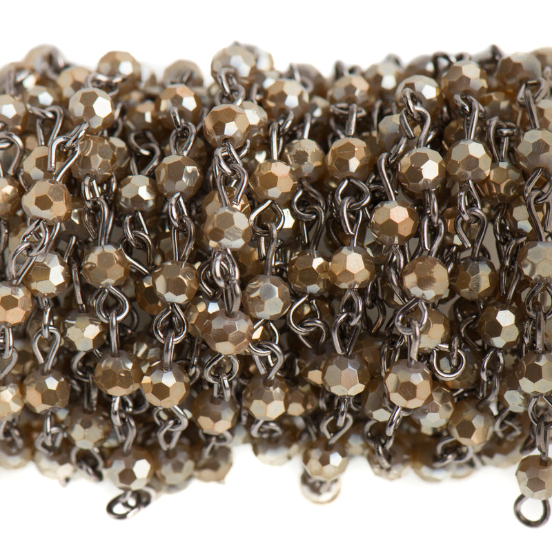 1 yard MUSHROOM BROWN Crystal Rosary Bead Chain, gunmetal links, 4mm faceted round glass beads, fch0689a