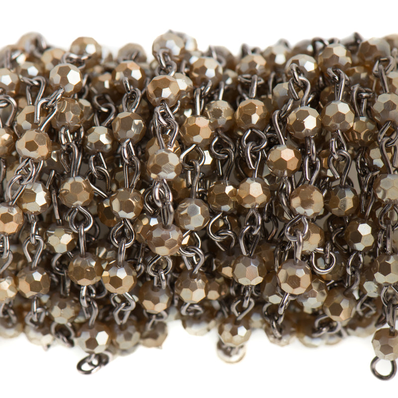 13 ft MUSHROOM BROWN Crystal Rosary Bead Chain, gunmetal links, 4mm faceted round glass beads, fch0689b