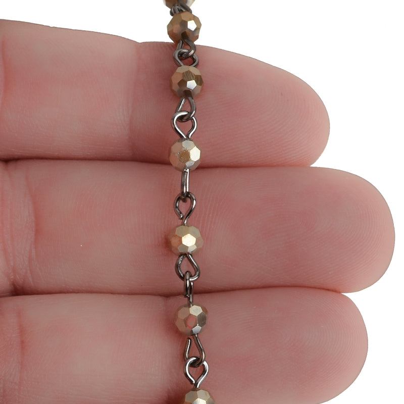 1 yard MUSHROOM BROWN Crystal Rosary Bead Chain, gunmetal links, 4mm faceted round glass beads, fch0689a