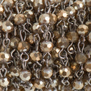 13 ft MUSHROOM BROWN Crystal Rosary Bead Chain, gunmetal links, 4mm faceted round glass beads, fch0689b