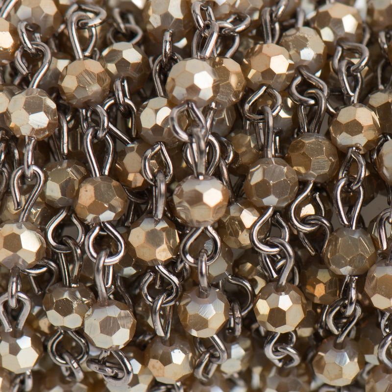 13 ft MUSHROOM BROWN Crystal Rosary Bead Chain, gunmetal links, 4mm faceted round glass beads, fch0689b
