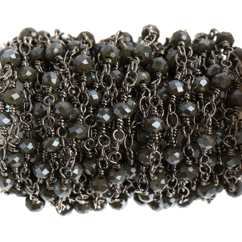 5 yards CHARCOAL GREY Crystal Rosary Bead Chain, gunmetal double wrapped wire, 4mm faceted rondelle glass beads, fch0690b