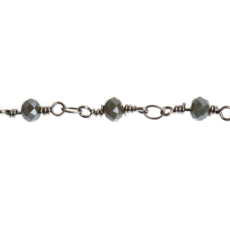 3 ft (1 yard) CHARCOAL GREY Crystal Rosary Bead Chain, gunmetal double wrapped wire, 4mm faceted rondelle glass beads, fch0690a