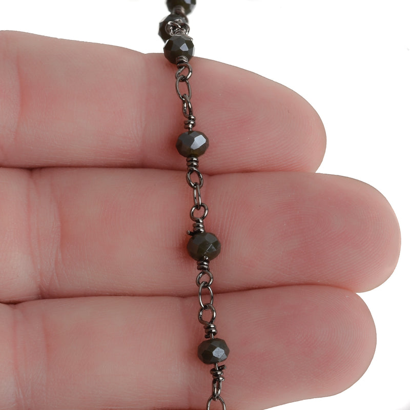 5 yards CHARCOAL GREY Crystal Rosary Bead Chain, gunmetal double wrapped wire, 4mm faceted rondelle glass beads, fch0690b