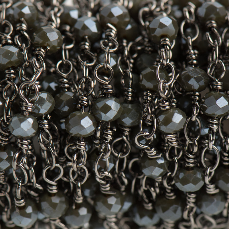 5 yards CHARCOAL GREY Crystal Rosary Bead Chain, gunmetal double wrapped wire, 4mm faceted rondelle glass beads, fch0690b