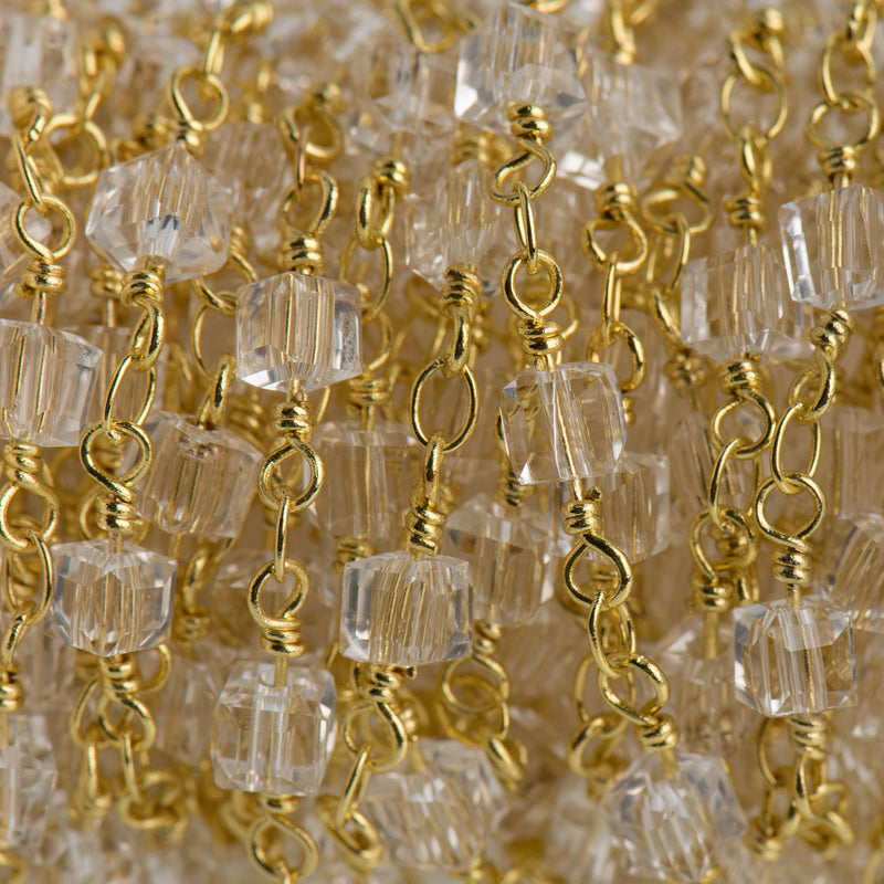 5 yards CLEAR CUBE Crystal Rosary Chain, bright GOLD double wrap, 4mm faceted square cube glass beads, fch0692b