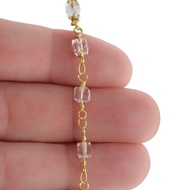 1 yard CLEAR CUBE Crystal Rosary Chain, bright GOLD double wrap, 4mm faceted square cube glass beads, fch0692a